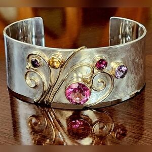SIGNED MICHOU! 22KT Gold/925 Sterling Silver Multi Gemstone Cuff Bracelet!!
